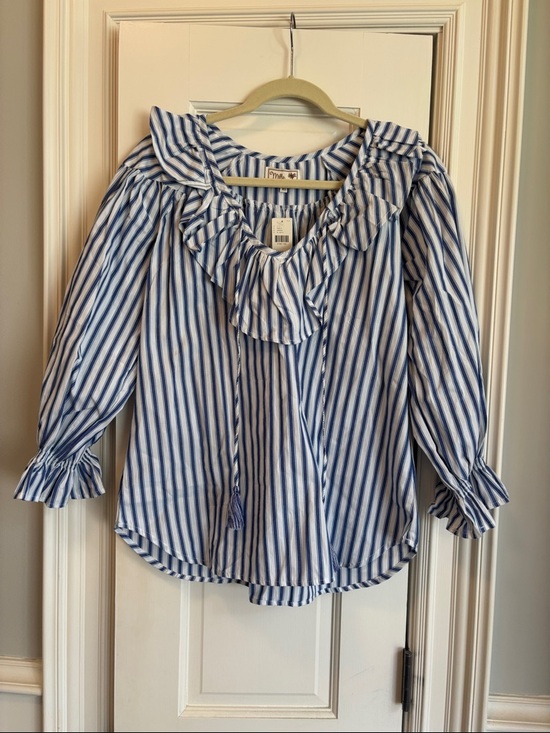 Mille Tops - Mille Owen Blue & White Striped Ruffle Blouse